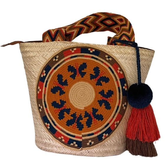 Wayuu Handwoven Zippered Palm Basket with Geometric Medallion