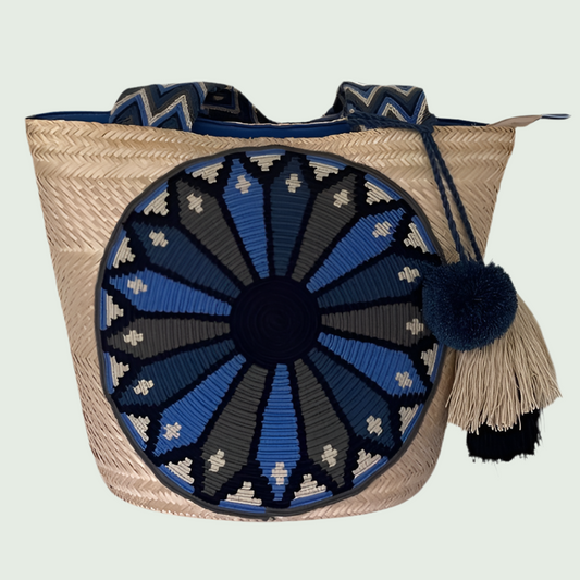 Wayuu Handwoven Zippered Palm Basket with Blue Sunburst Medallion