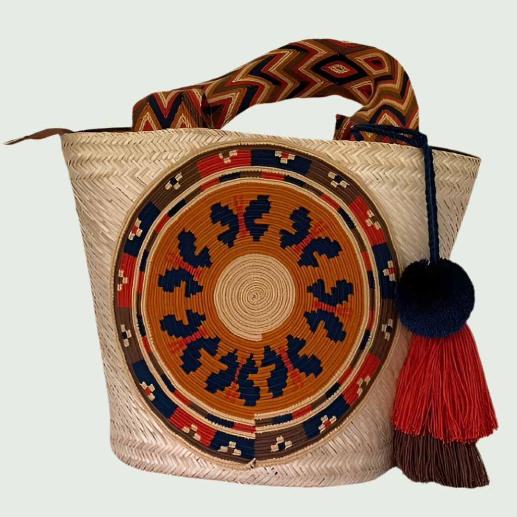 Wayuu Handwoven Zippered Palm Basket with Geometric Medallion