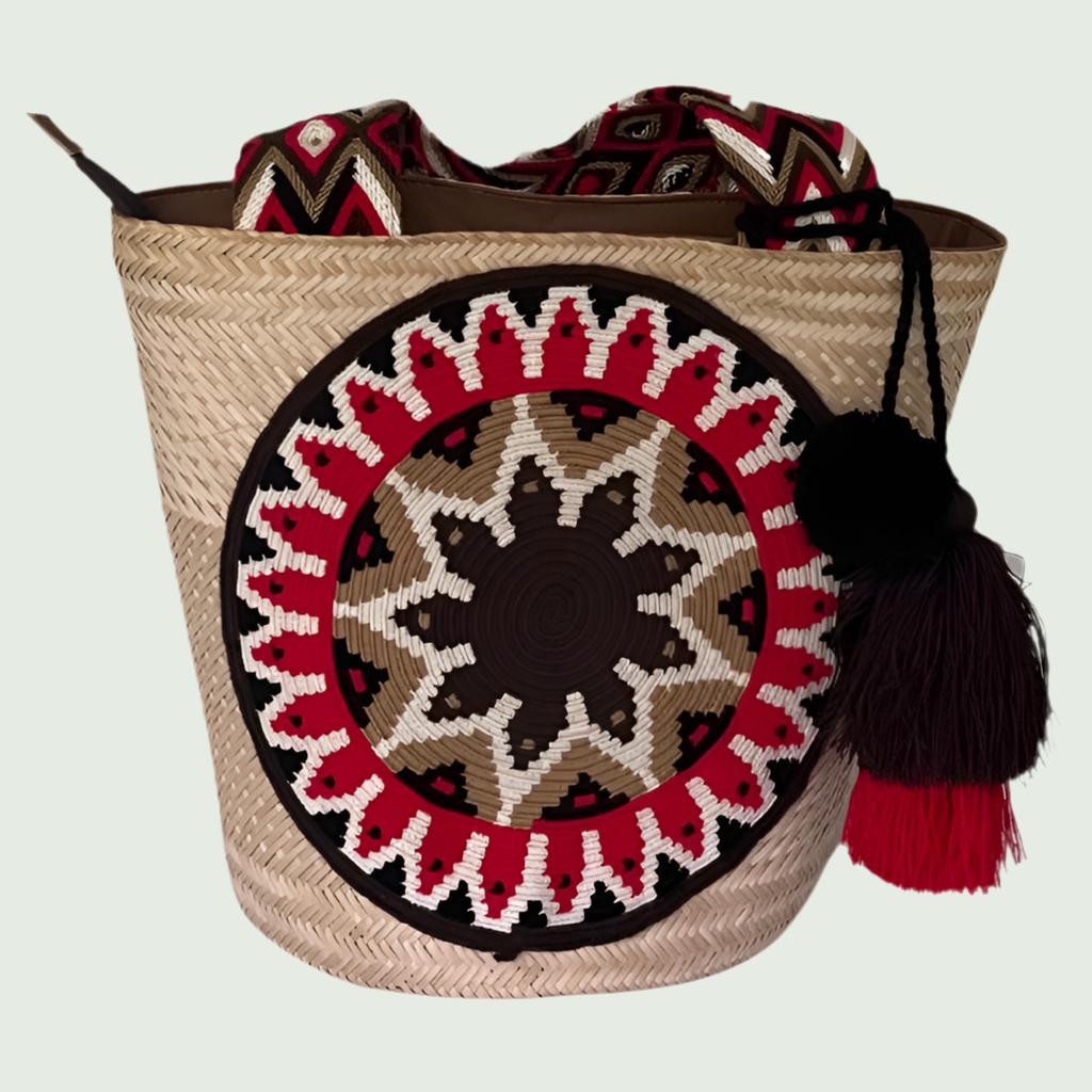 Wayuu Handwoven Zippered Palm Basket with Bold Geometric Medallion