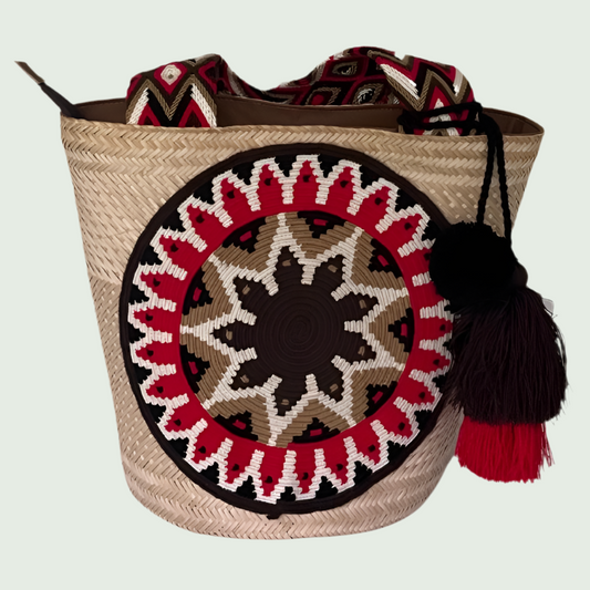 Wayuu Handwoven Zippered Palm Basket with Bold Geometric Medallion