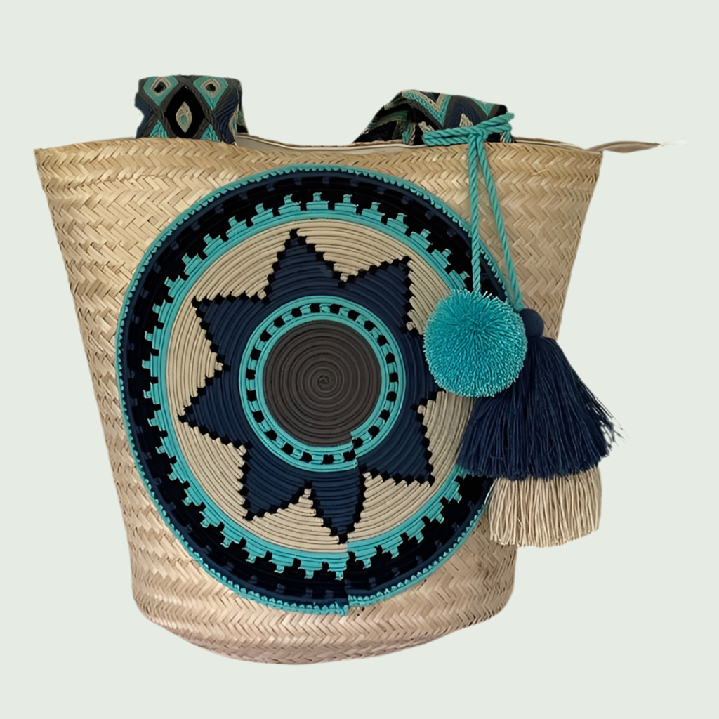 Wayuu Handwoven Zippered Palm Basket with Turquoise Star Medallion