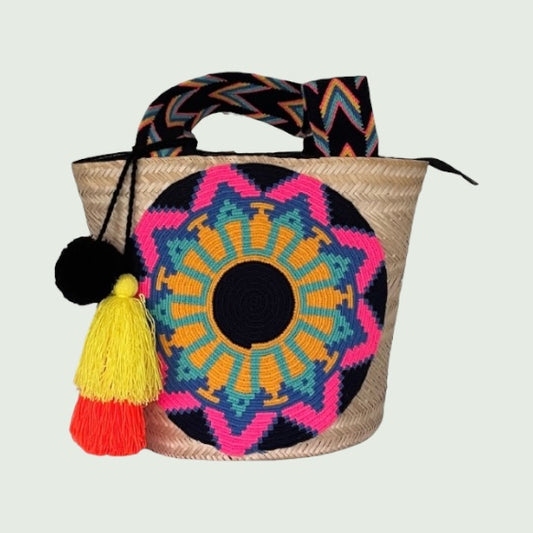 Wayuu Handwoven Zippered Palm Basket with Vibrant Geometric Design