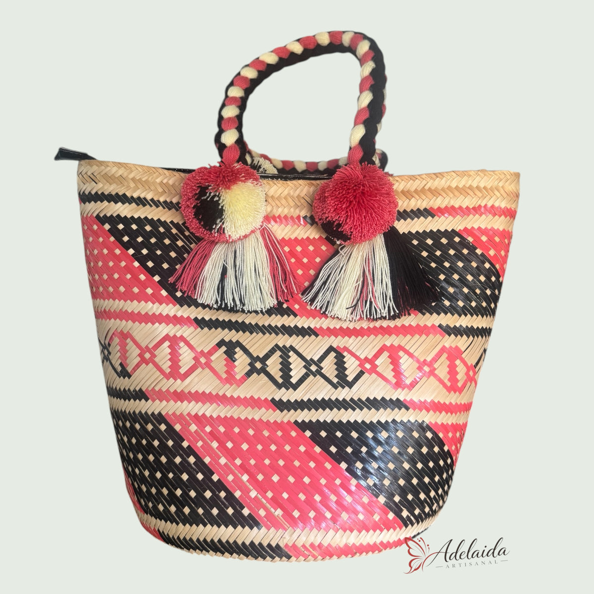 Wayuu Handwoven Palm Tote Bag – Coral & Black