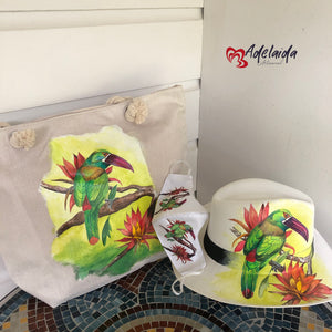 Hand painted Tote Bag and Hat Crimson-rumped Toucanet