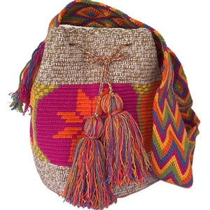 Heather beige Flower Wayuu Bucket Bag