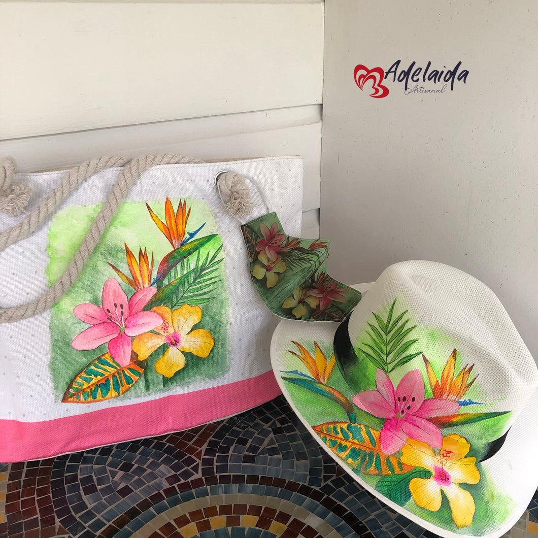 Hand painted Tote Bag and Hat Tropical Foliage