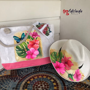 Hand painted Tote bag and hat Set Tropical Hibiscus