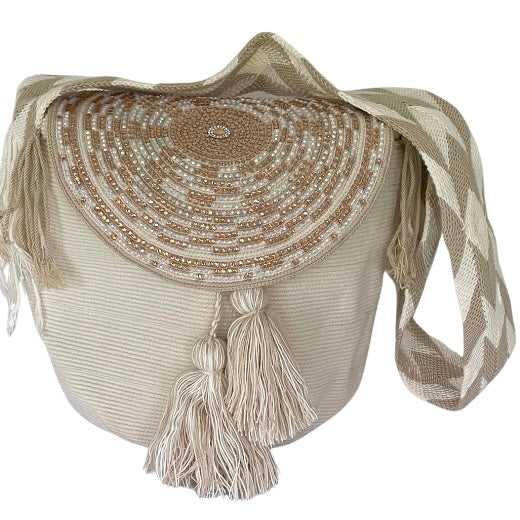 Wayuu Bag Jeweled Flap Top Beige Pin wheel