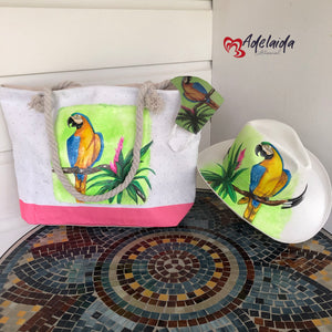 Hand painted Tote Bag and Hat Parrot