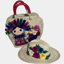 Load image into Gallery viewer, Palm Tote Bag and Hat Set Lele with Ribbons Red
