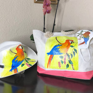 Hand painted Tote Bag and Hat Scarlet Macaw Parrot