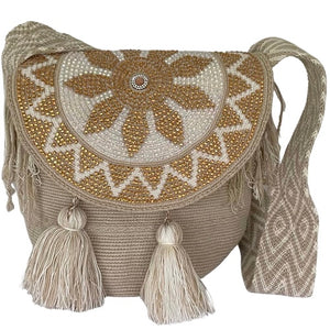 Wayuu Bag Jeweled Flap Top Beige Flower