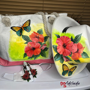 Hand painted Tote Bag and Hat Set Hibiscus