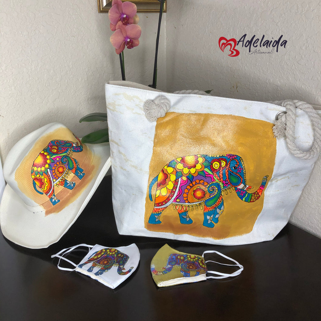 Hand painted Tote Bag and Hat Multicolor Elephant