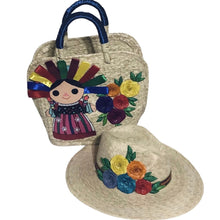 Load image into Gallery viewer, Palm Tote Bag and Hat Set Lele with Ribbons Blue
