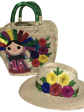 Load image into Gallery viewer, Palm Tote Bag and Hat Set Lele with Ribbons Green
