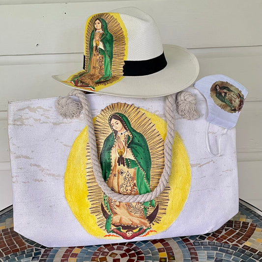 Hand painted Tote bag and Hat Our Lady of Guadalupe