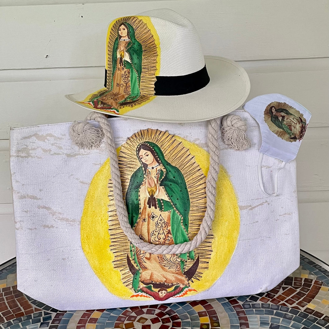 Hand painted Tote bag and Hat Our Lady of Guadalupe