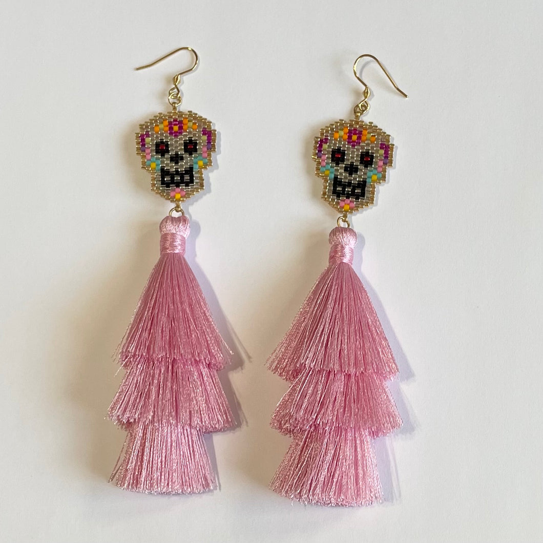 Long Skull Earrings Pink