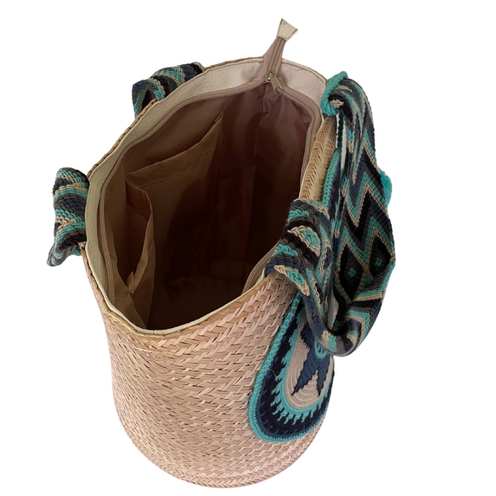 Wayuu Handwoven Zippered Palm Basket with Turquoise Star Medallion