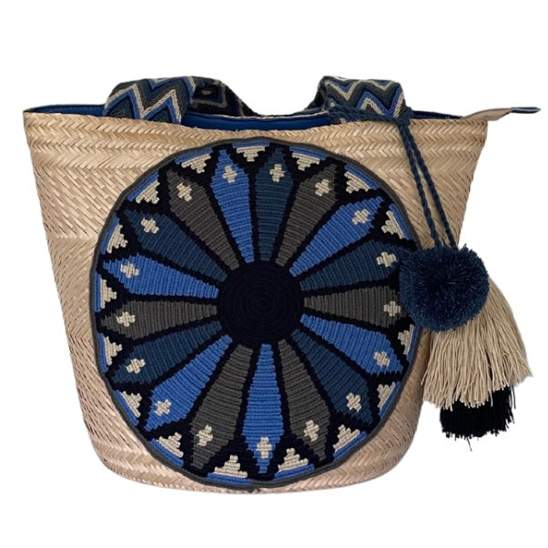 Wayuu Handwoven Zippered Palm Basket with Blue Sunburst Medallion
