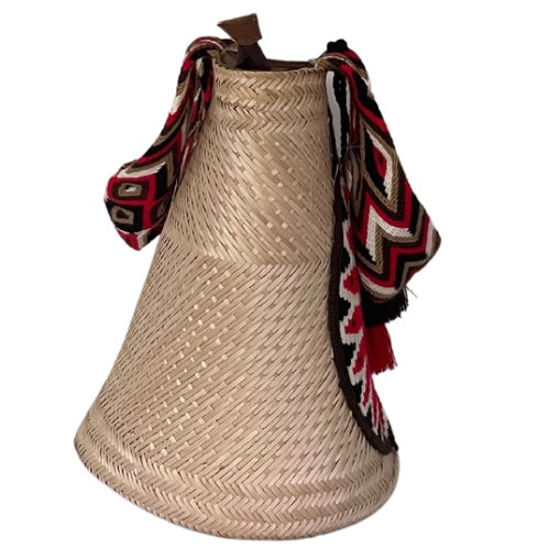 Wayuu Handwoven Zippered Palm Basket with Bold Geometric Medallion