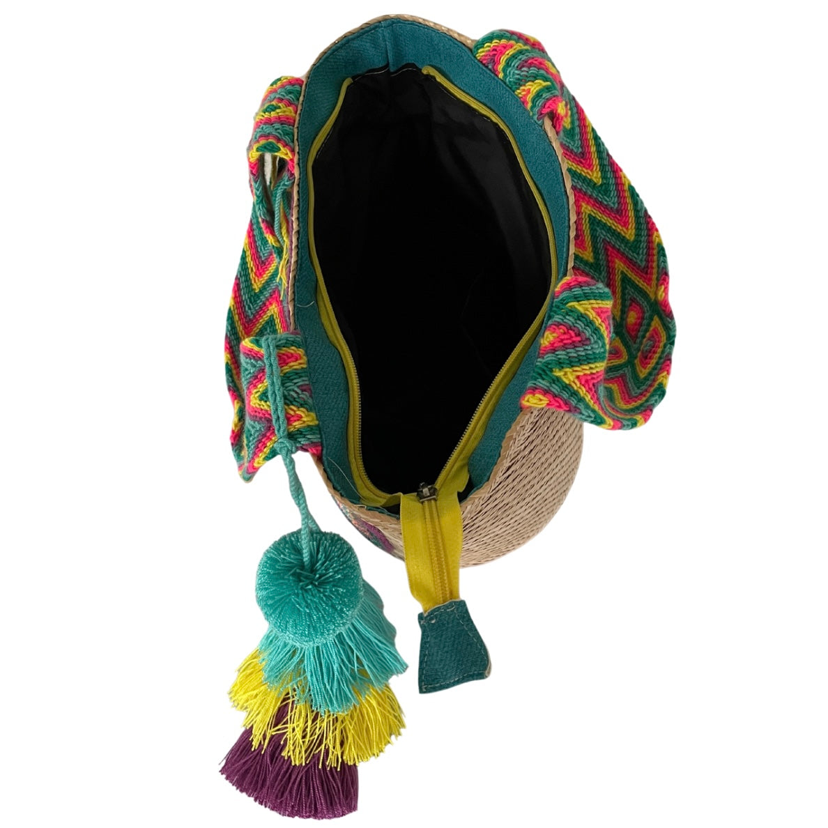 Wayuu Handwoven Zippered Palm Basket with Murano Stone Medallion – Tropical Fiesta