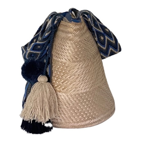 Wayuu Handwoven Zippered Palm Basket with Blue Sunburst Medallion