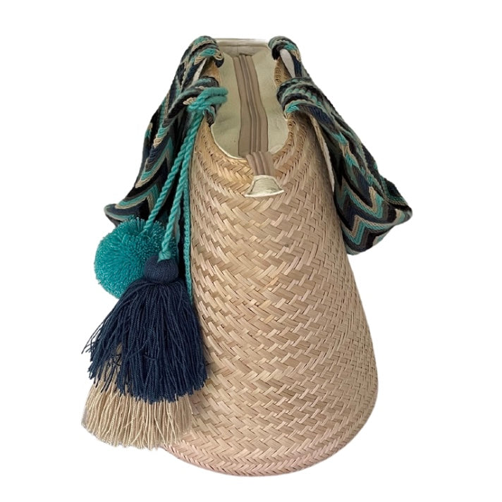 Wayuu Handwoven Zippered Palm Basket with Turquoise Star Medallion