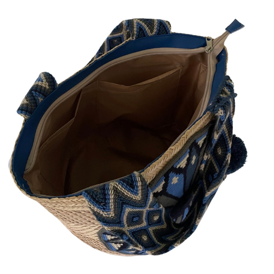 Wayuu Handwoven Zippered Palm Basket with Blue Sunburst Medallion