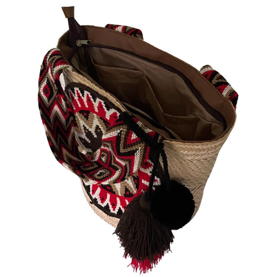 Wayuu Handwoven Zippered Palm Basket with Bold Geometric Medallion