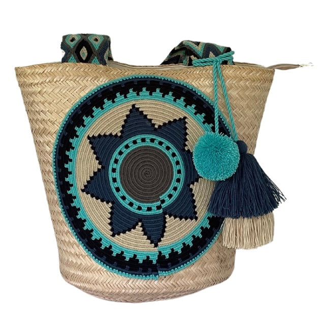 Wayuu Handwoven Zippered Palm Basket with Turquoise Star Medallion